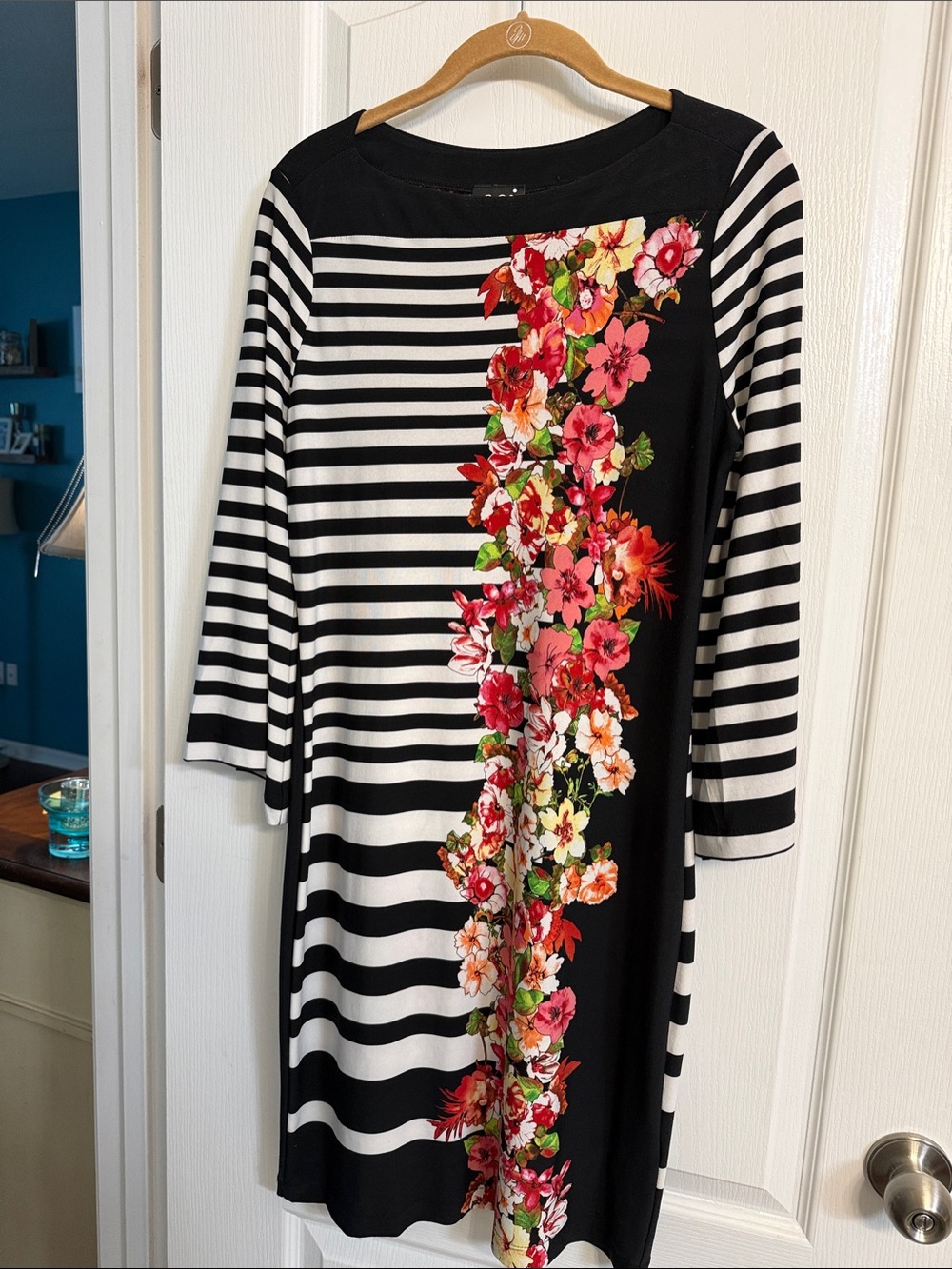 ECI Black & White Striped Long Sleeve Dress with Pink Floral Stripe